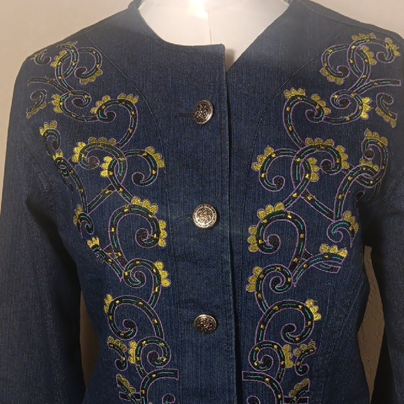Choices Dark Blue Embroidered Jean Jacket - Picture 2 of 8